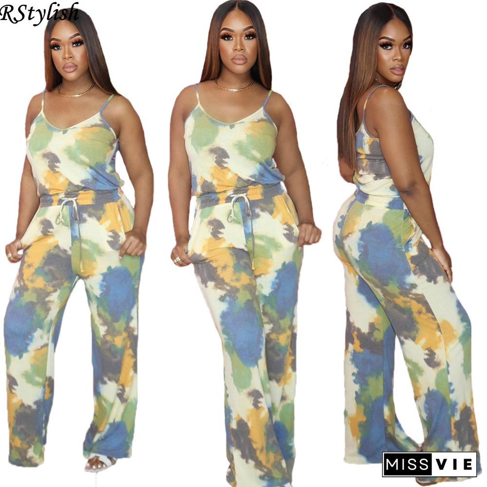 Tie Dye Sexy Spaghetti Strap Top High Waist Long Pants 2 Piece Set