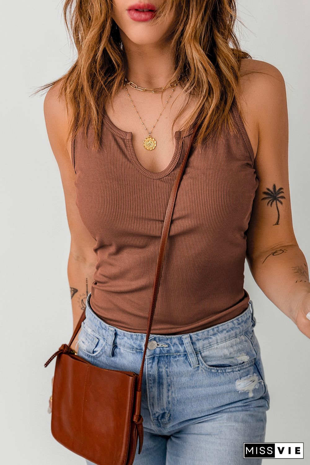 Brown Split Neck Ribbed Knit Tank Top