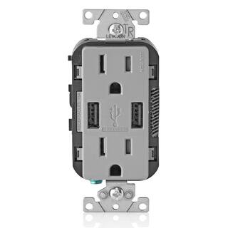 Leviton 3.6A USB Dual Type A In-Wall Charger with 15 Amp Tamper-Resistant Outlets Gray T5632-BG