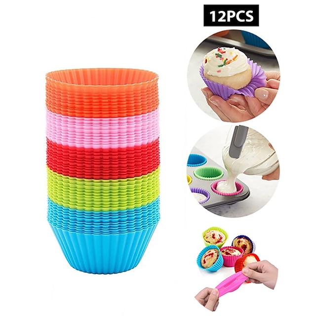 12 Pcs Reusable Silicone Baking Cups Nonstick Muffin Molds for Cake Balls Muffins Cupcakes