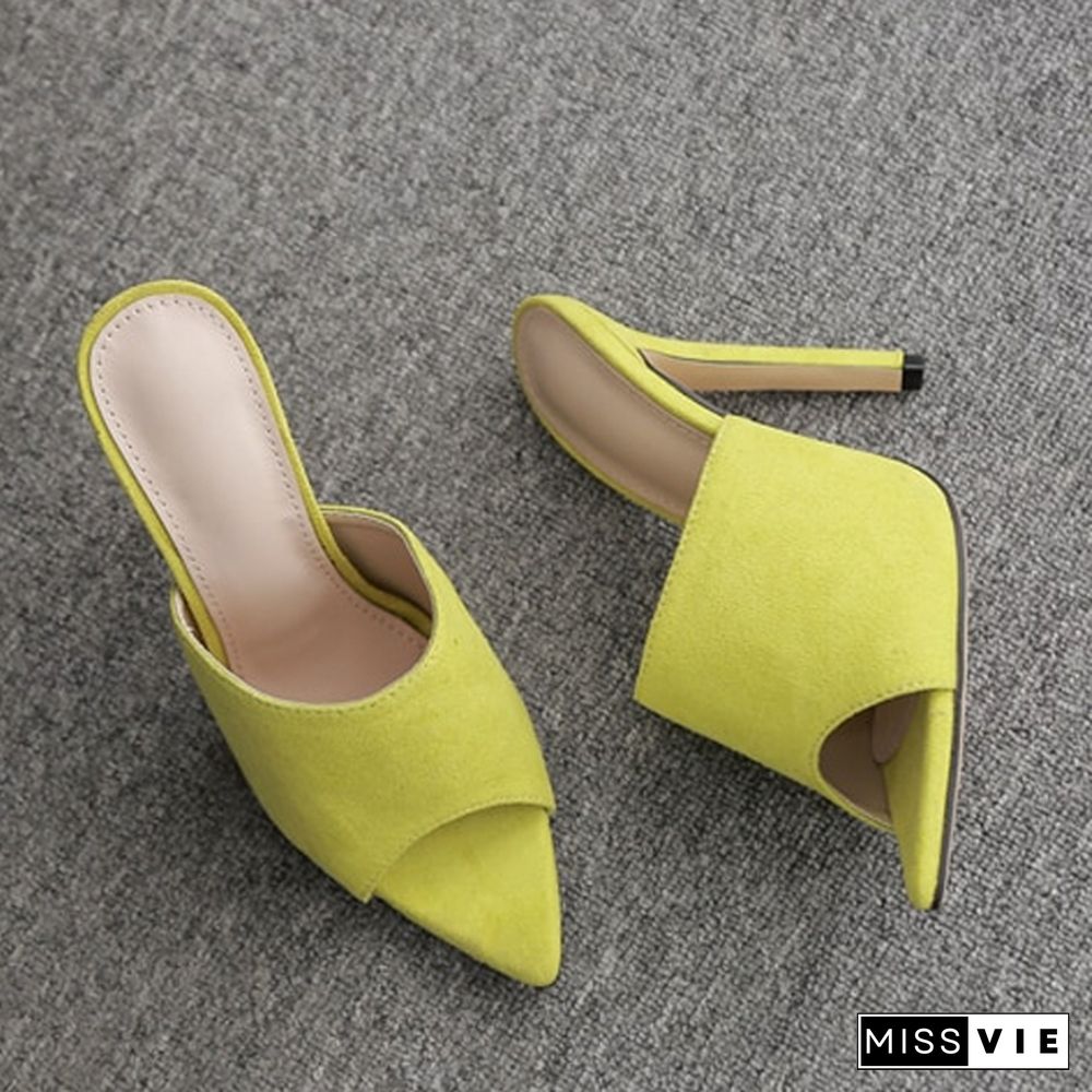 Woman Fluorescent Green Mules Slip On Sandals Peep Toe Slides High Heel Slippers