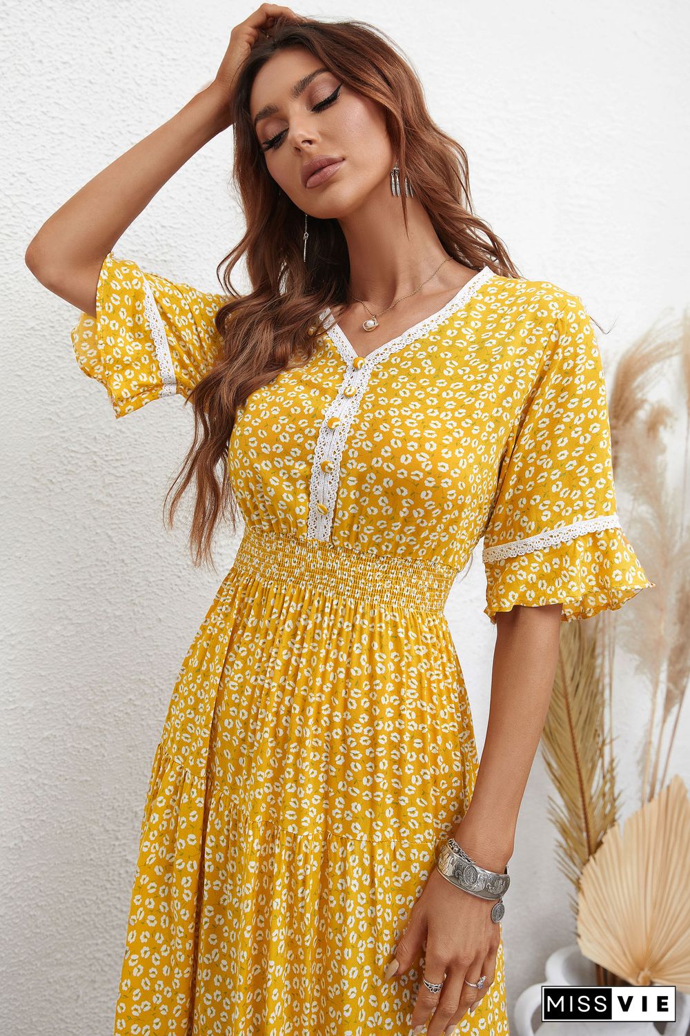 Elegant Floral Print Dress Women Summer Dresses New V-Neck Short Flared Sleeve Single-Breasted Ruffle Midi Dress