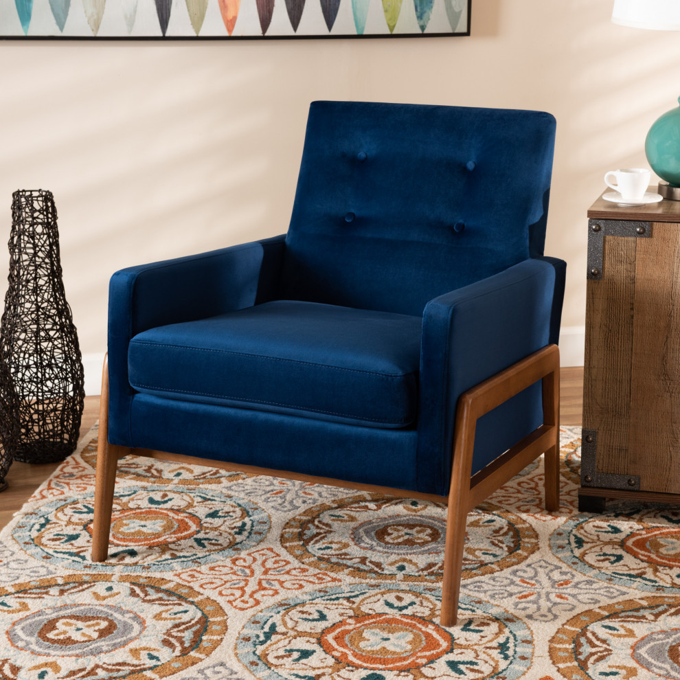 Yivi Mid Century Navy Blue Velvet Fabric and Walnut Brown Wood Lounge Chair   Midcentury   Armchairs And Accent Chairs   by Baxton Studio  Houzz