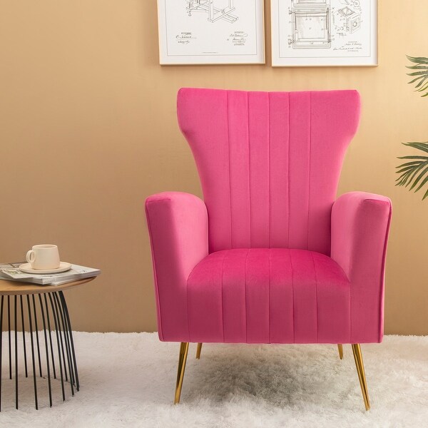 Velvet Pink Accent Chair， Wingback Arm Chair with Gold Legs