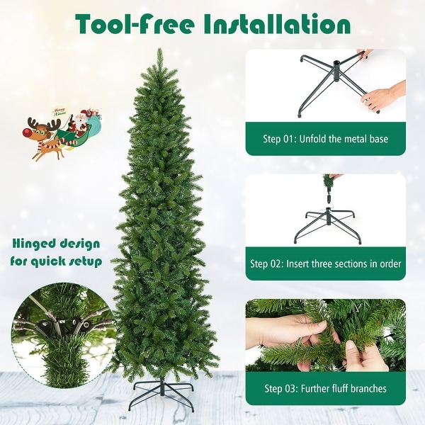 Gymax 7.5FT Hinged Prelit Christmas Slim Pencil Tree w/ 10 Lighting