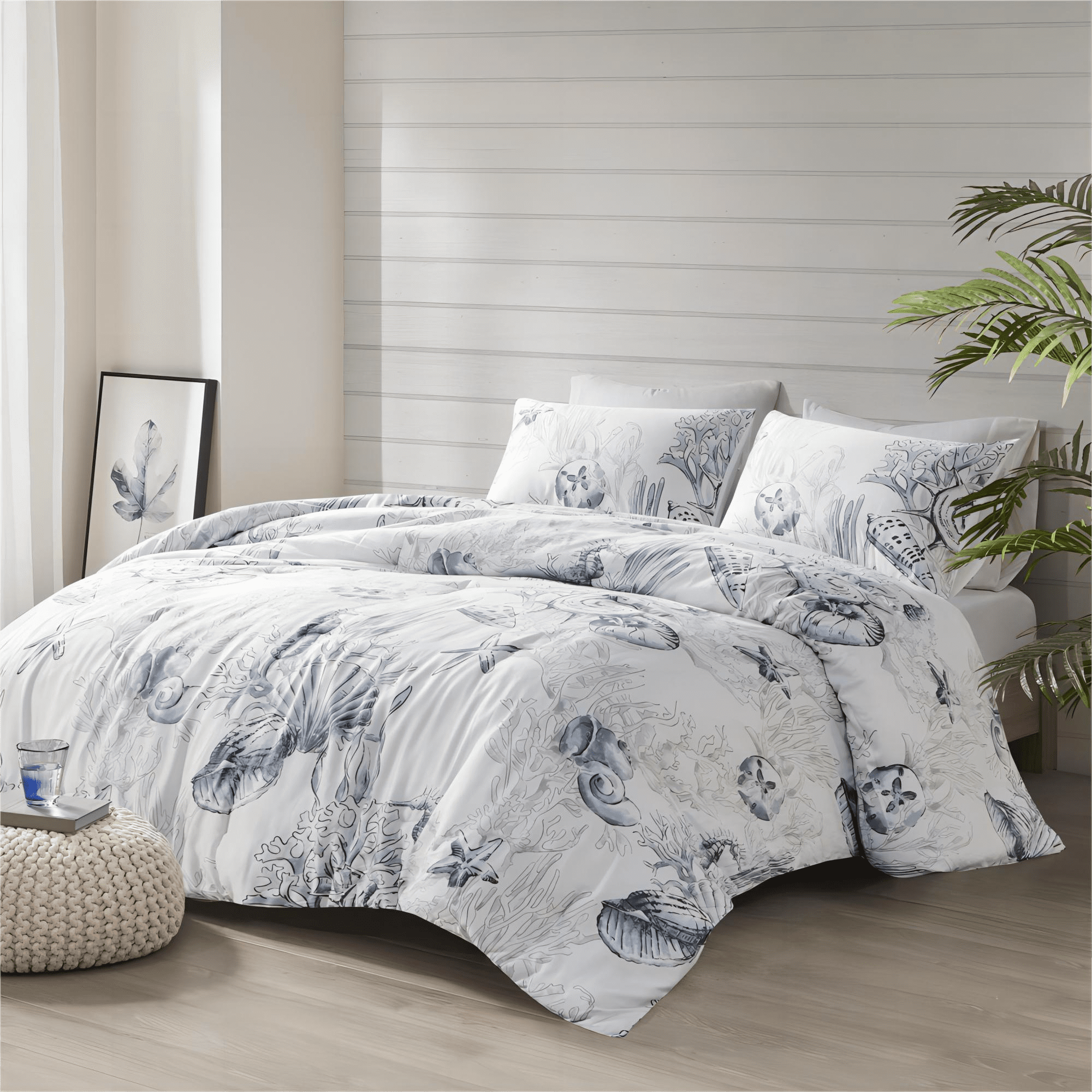 Madison Park Seabed 100% Cotton Sateen 3-Piece Coastal Blue Print Bedding Comforter Set， Full/Queen