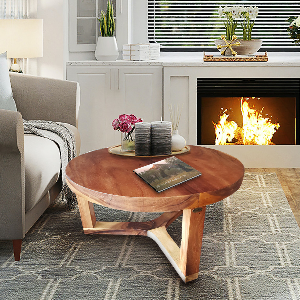 Suar Live Edge Round Coffee Table  32 quot  Rustic   Coffee Tables   by Chic Teak  Houzz