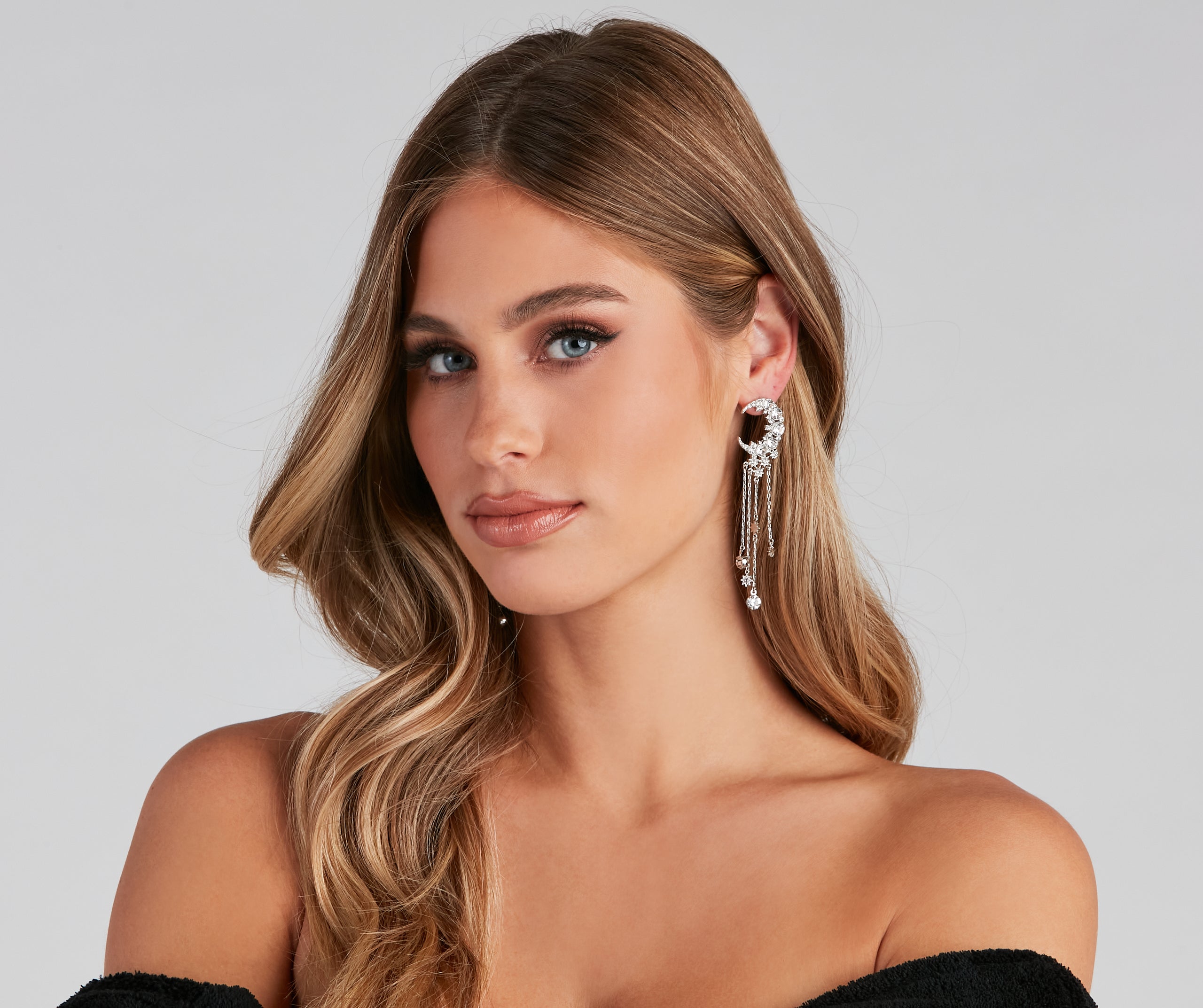 Crescent Moon Rhinestone Fringe Earrings