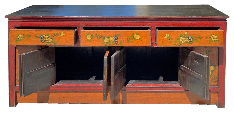 Chinese Tibetan Orange Red Yellow Flower Graphic Low TV Console Table Hcs7317   Asian   Console Tables   by Golden Lotus Antiques  Houzz