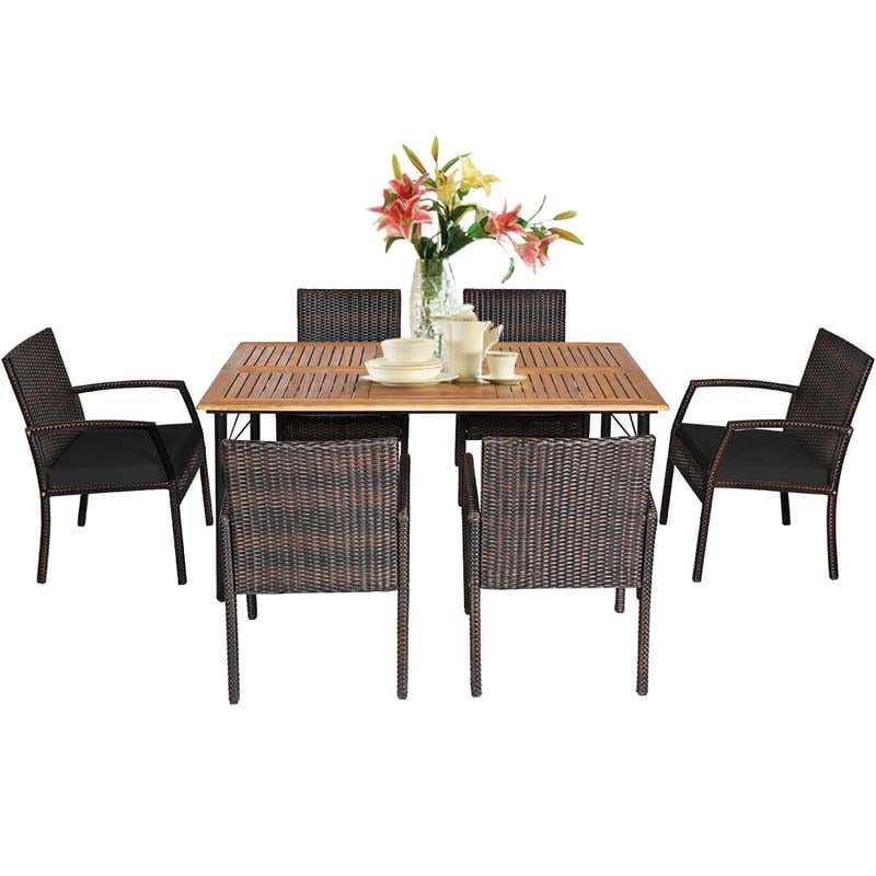 7 Pcs Rattan Patio Dining Set with Umbrella Hole, Acacia Wood Tabletop, Cushioned Chairs