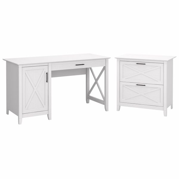 Bush Furniture Key West 54W Computer Desk with Storage and 2 Drawer Lateral File Cabinet in Pure White Oak