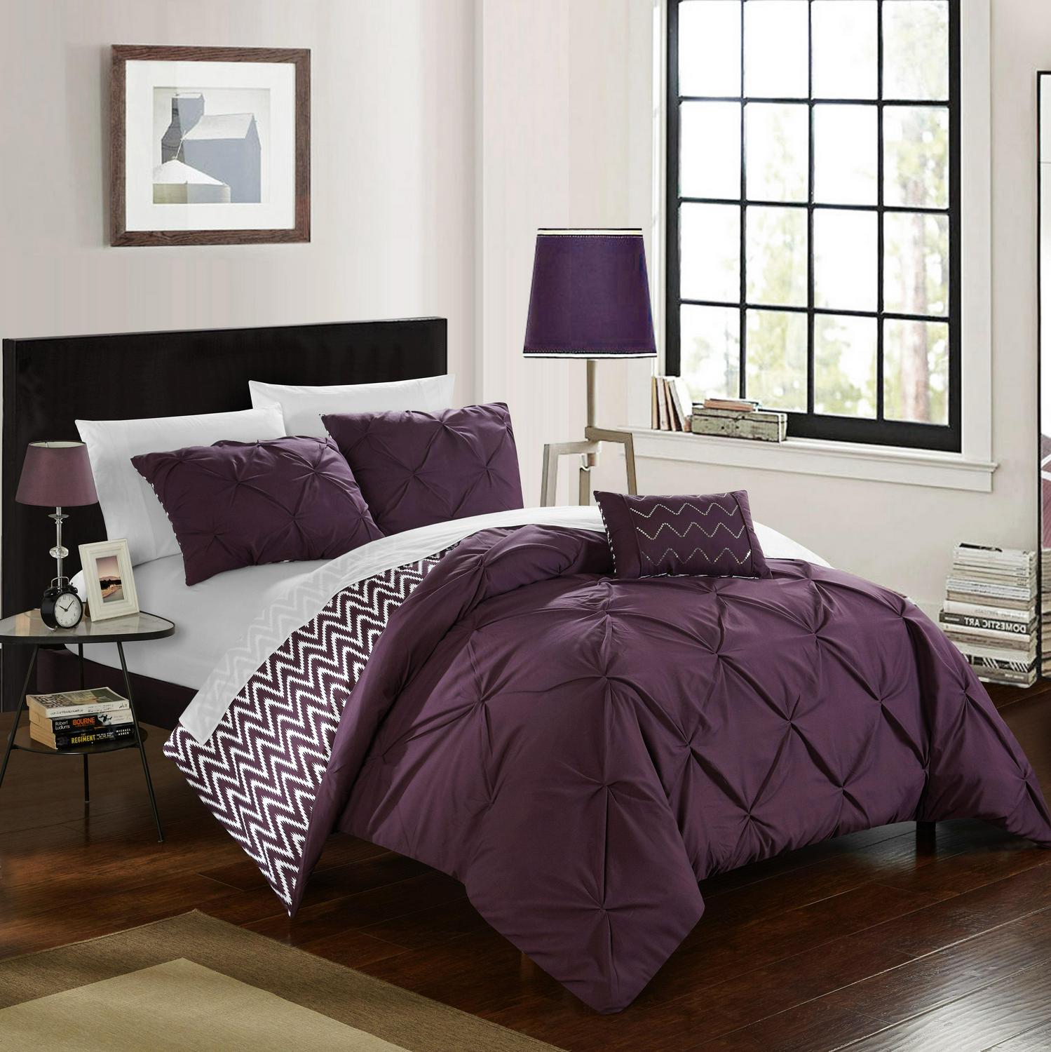 Chic Home Erin 8-Piece Reversible Pinch Pleat Comforter Set， Full/Queen， Purple