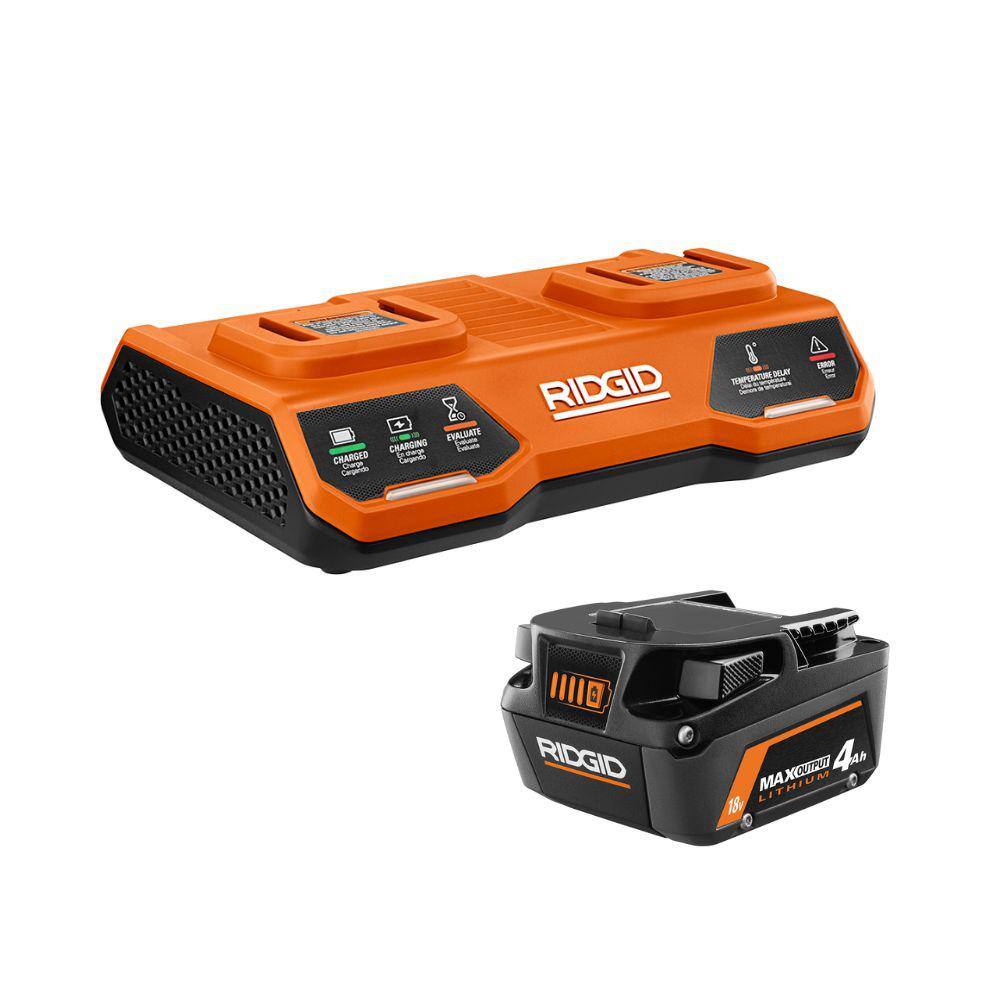 RIDGID 18V Dual Port Simultaneous Charger and 18V 4.0 Ah MAX Output Lithium-Ion Battery Kit AC86095-AC840040