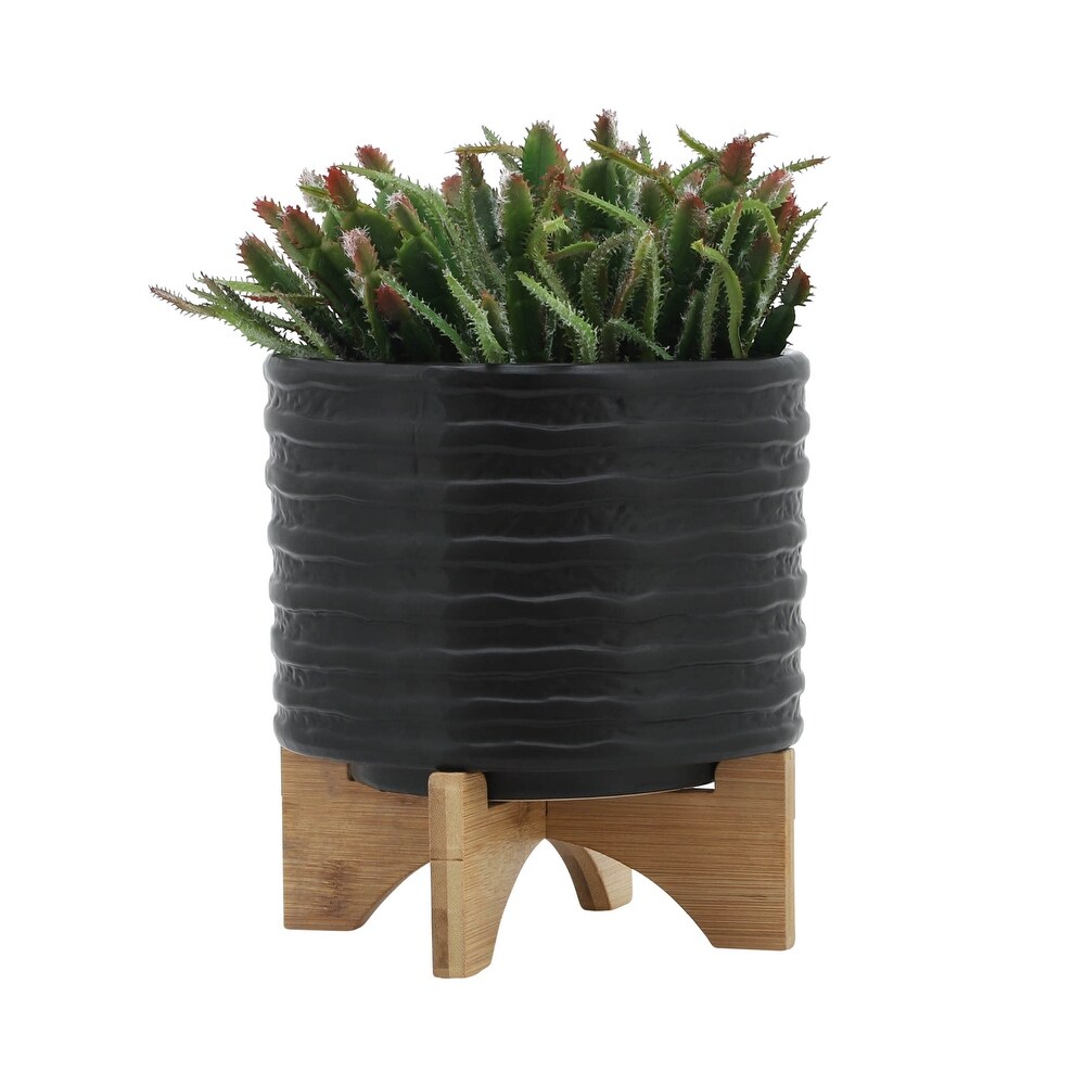 Black Ceramic Handmade Planter with Bamboo Wood Stand   8.0\