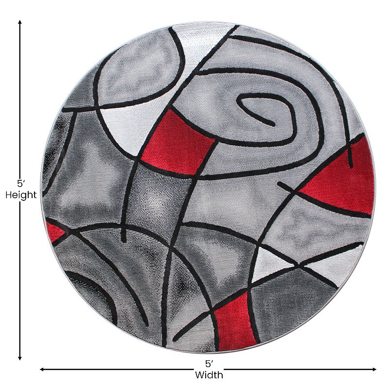 Masada Rugs Masada Rugs Trendz Collection 5'x5' Round Modern Contemporary Round Area Rug in Red， Gray and Black