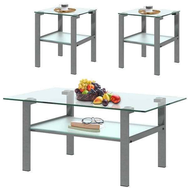 Glass Coffee Table and End Table Sets of 3 for Living Room， Clear Tempered Glass and Gray Metal Leg， - as picture