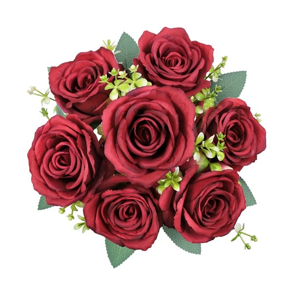 Set of 2 Red Artificial Elegant Rose Flower Stem Bush Bouquet 17in