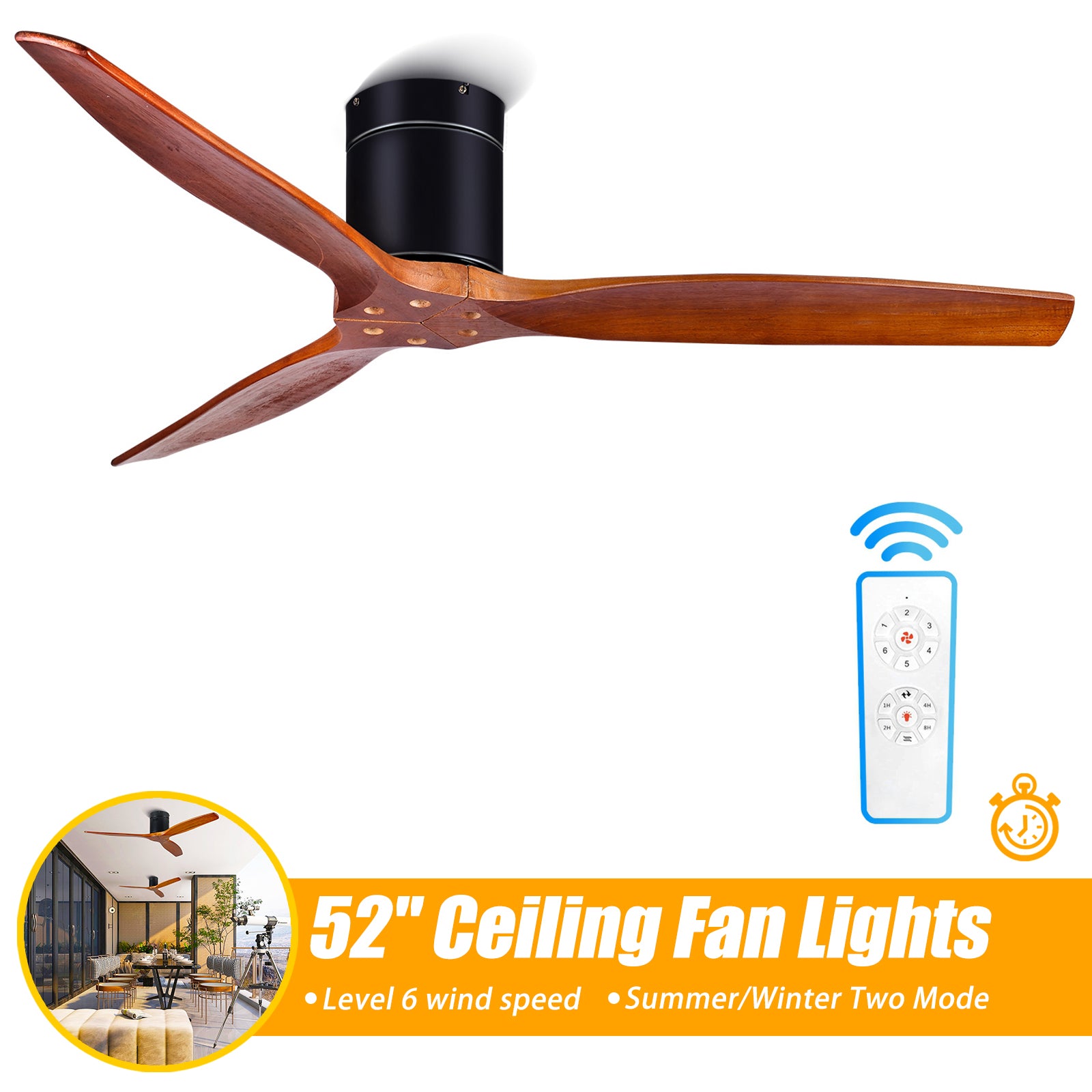 52 Inch Flush Mount Ceiling Fan with Remote，3 Blades Brown Solid Wood Ceiling Fan， Reverse Airflow