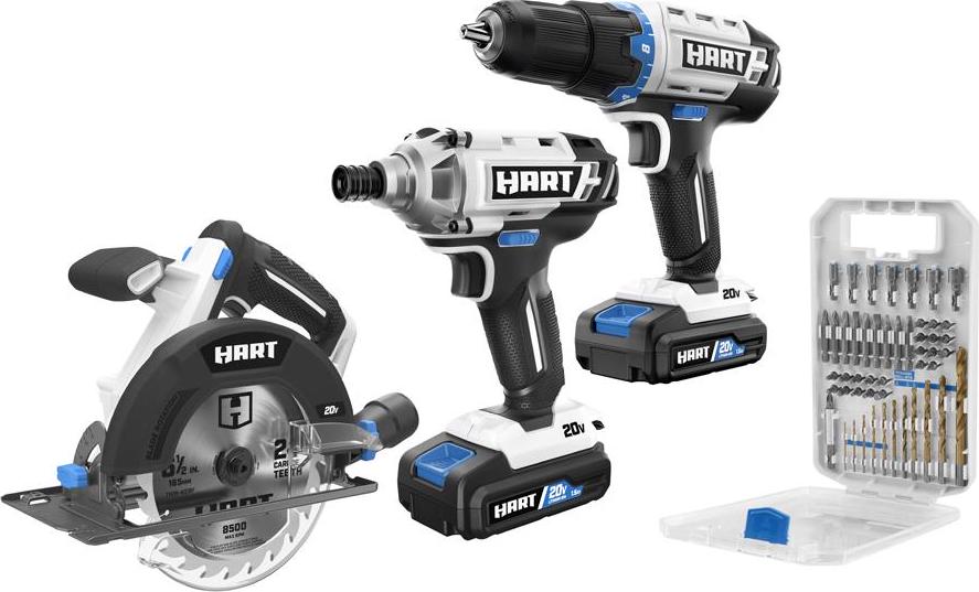 HART 20-Volt 3-Tool Combo Kit with 50-Piece Accessory Kit (2) 20-Volt 1.5Ah Lithium-Ion Batteries