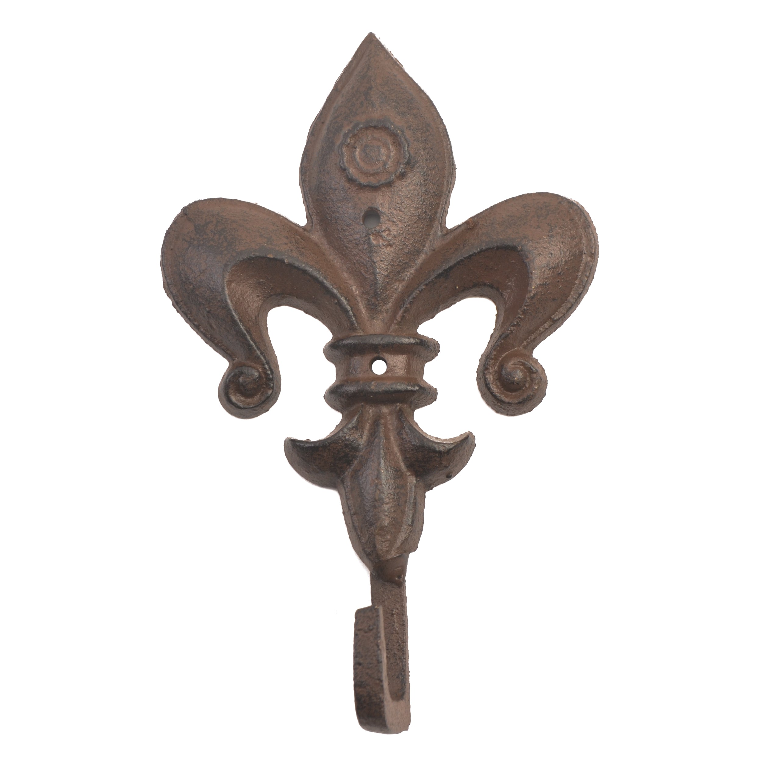 Fleur De Lis Wall Hook for Coats or Towels with Painted Distressed Brown Finish 6.625