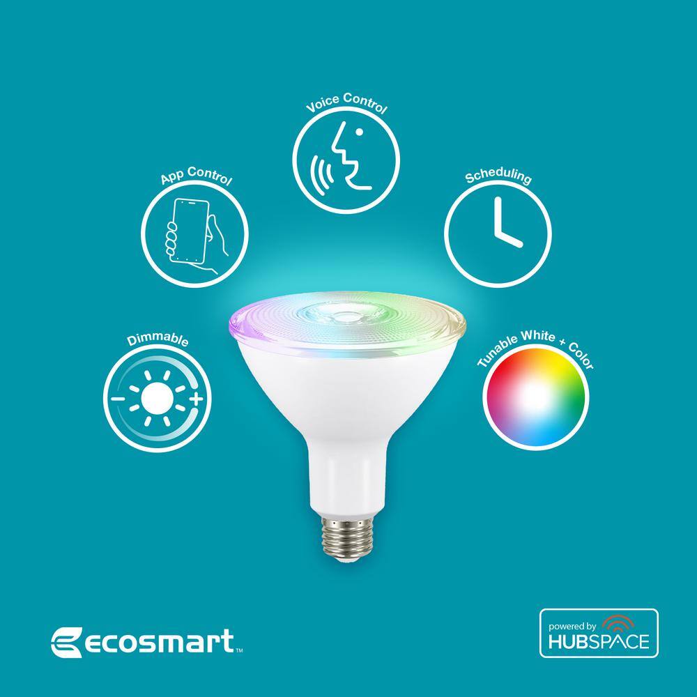 EcoSmart 120-Watt Equivalent Smart PAR38 Color Changing CEC LED Light Bulb with Voice Control (1-Bulb) Powered by Hubspace 11PR38120RGBWH1