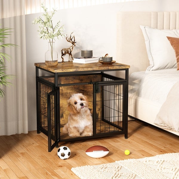 Grondin Rustic Industrial Style Wooden Dog Crate Dog Kennel with Three Lockable Doors， Indoor Pet Furniture Dog House End Table