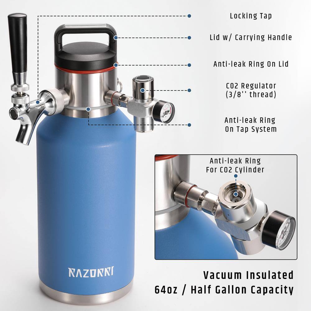 Razorri 64 oz. Stainless Steel Beer Growler Double-Wall Vacuum Insulated Carbonated Keg Half Gal. Ocean Blue Comodo CG64OZ