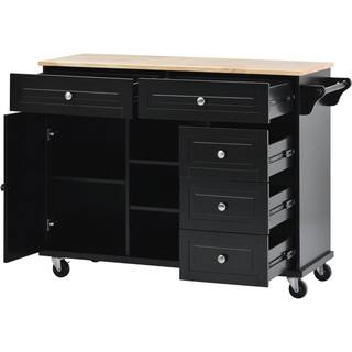 Black Rubber Wood Desktop 52.8 in. W Kitchen Island on 5-Wheels with Storage and 5-Drawers VJ026KIsland6