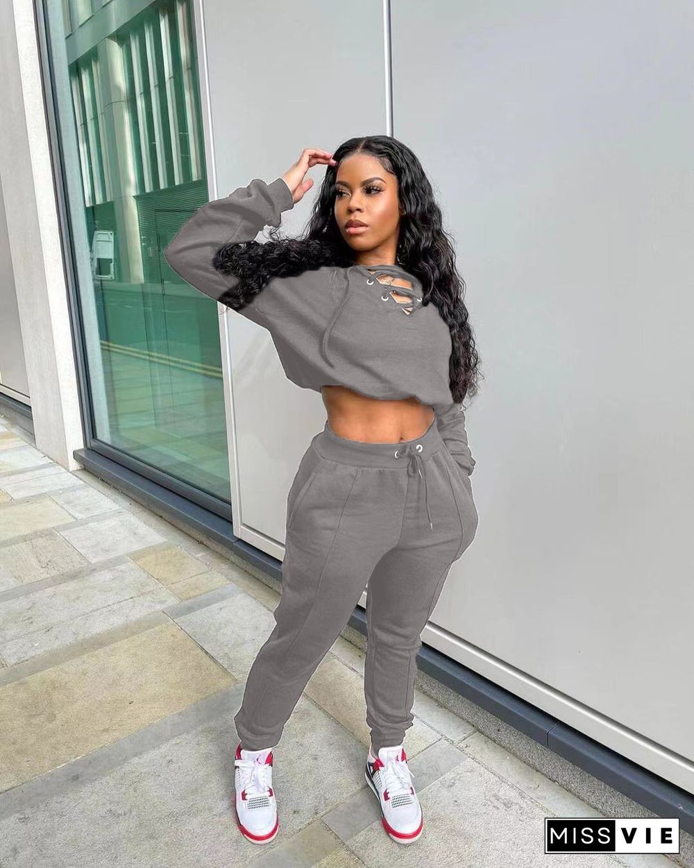 Long Sleeve Bandage Crop Top Sweatpants Set