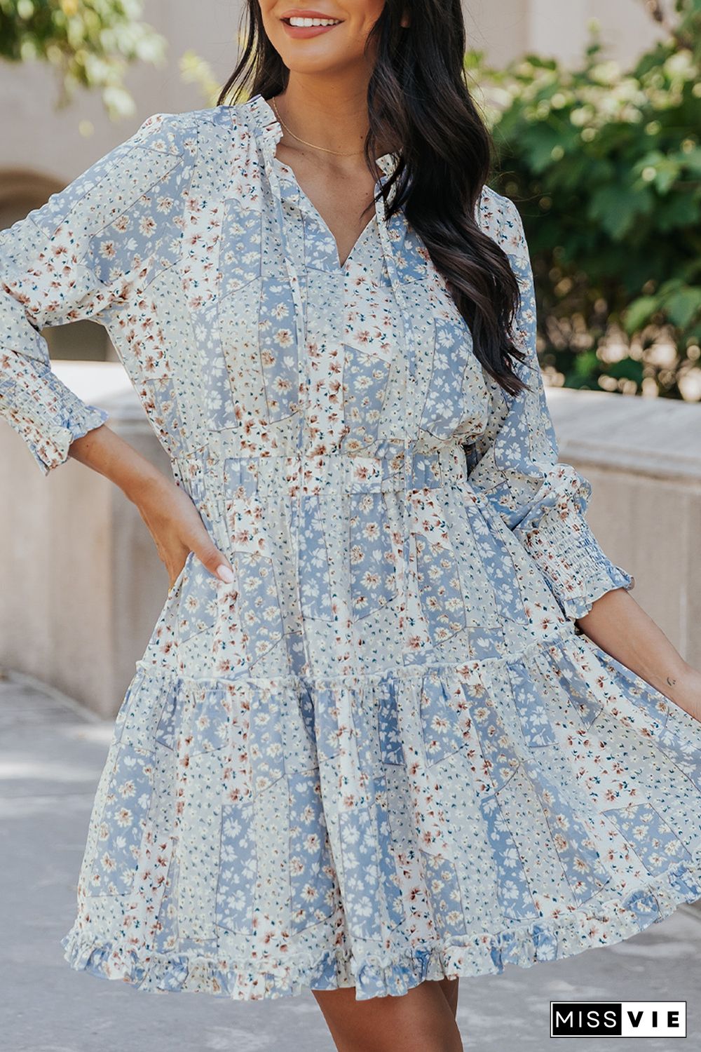 Sky Blue Floral Split V Neck Tiered Ruffle Dress