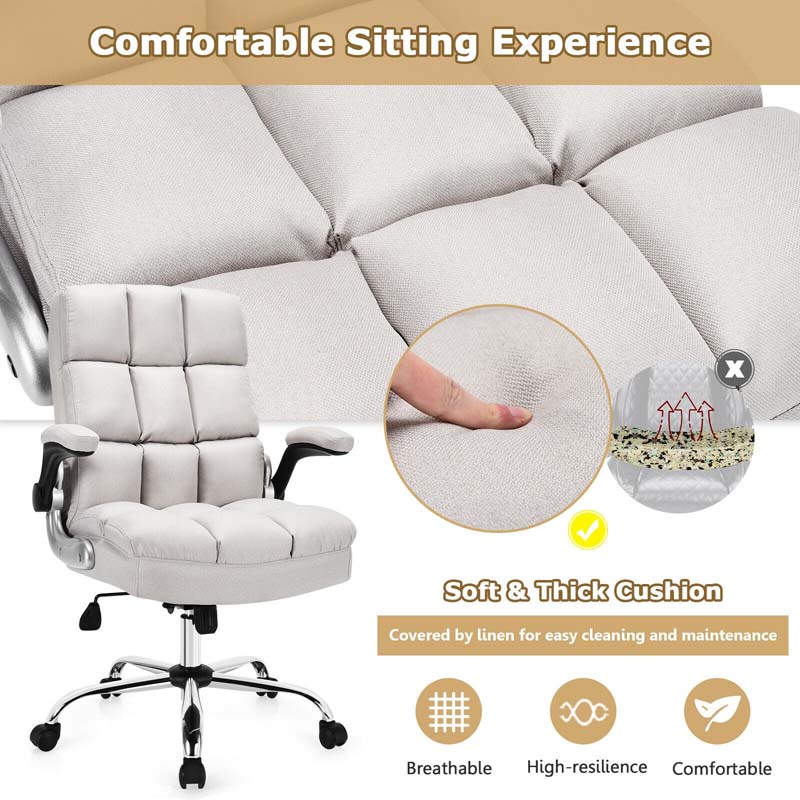 Linen Fabric Thick Padding Big & Tall Executive Office Chair with Flip-up Armrest, Swivel High Back Computer Desk Chair