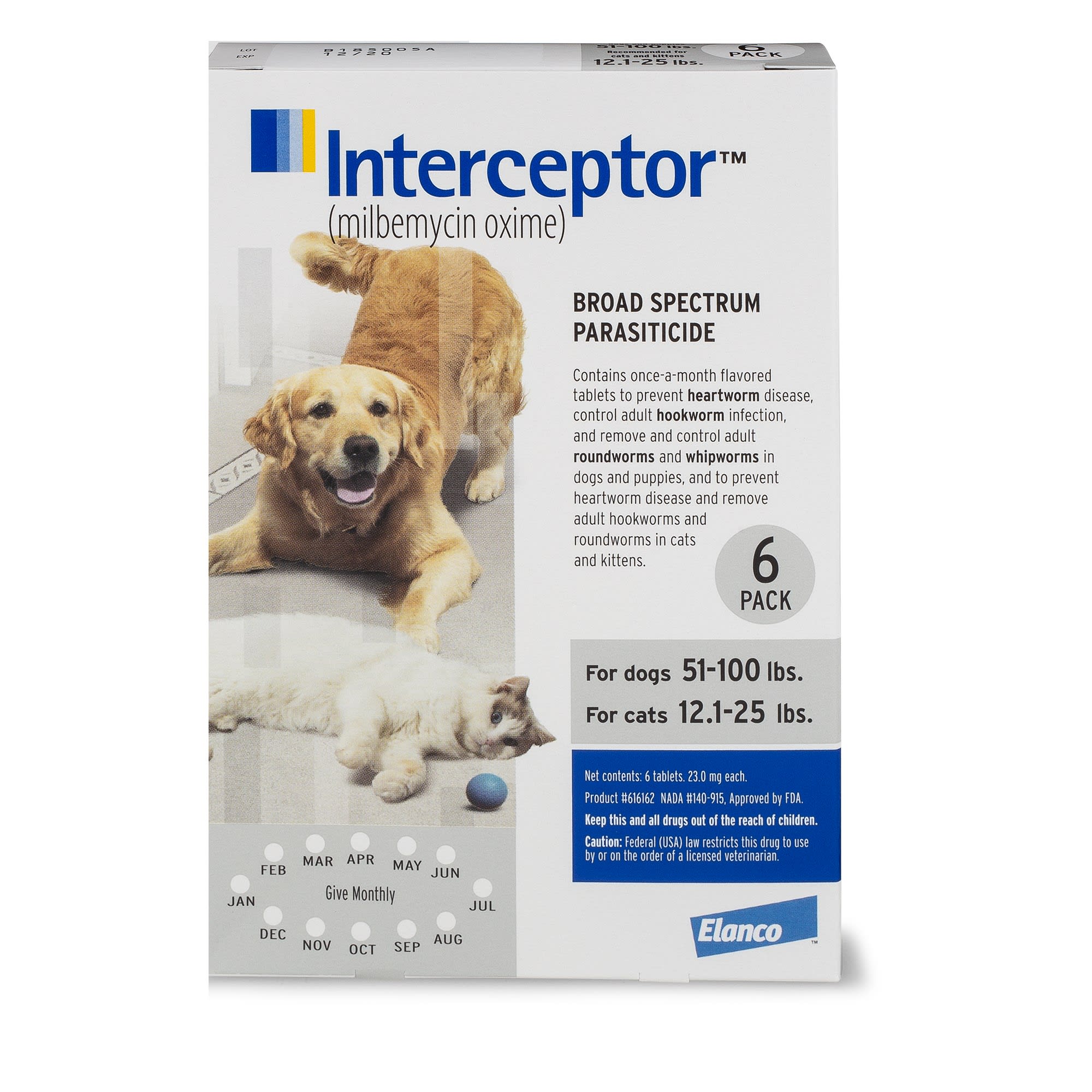 Interceptor Flavor Tabs for Dogs 51 to 100 lbs and Cats 12 to 25 lbs， 6 Month Supply