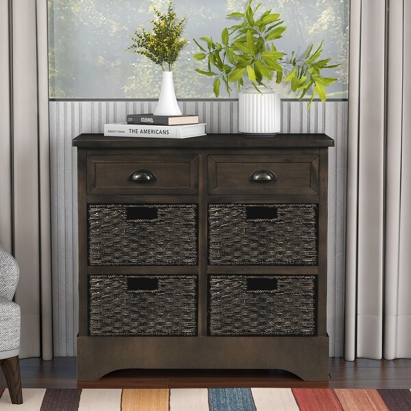 Rustic Storage Cabinet with Two-Drawer and Four Classic Rattan Basket