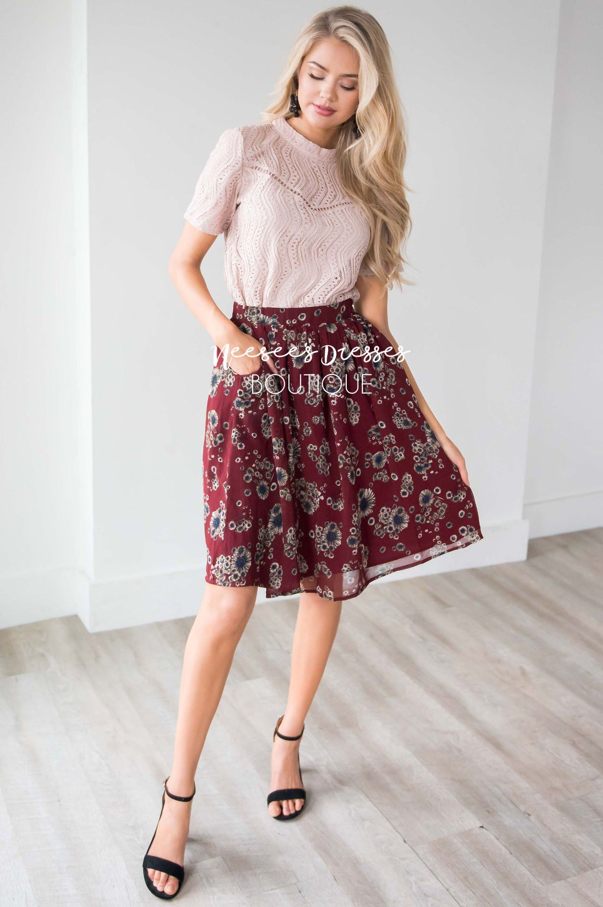 Burgundy Cluster Floral Chiffon Skirt