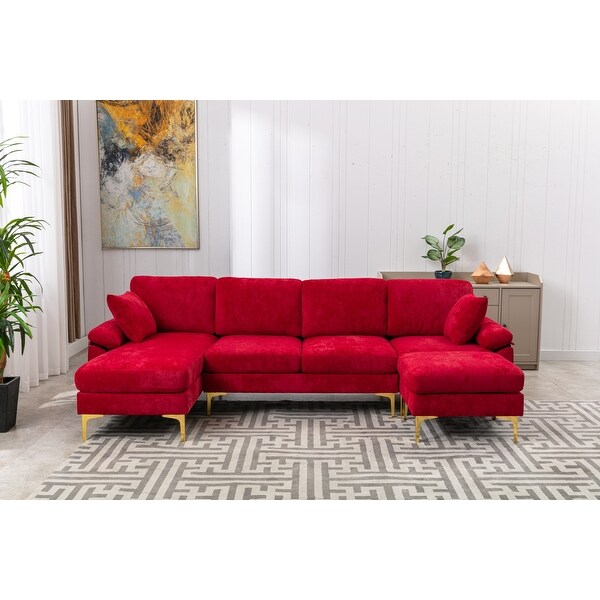 4-pieces European Style Polyester Sectional Sofa with Iron Feet， Removable Cushions， Ottoman Included