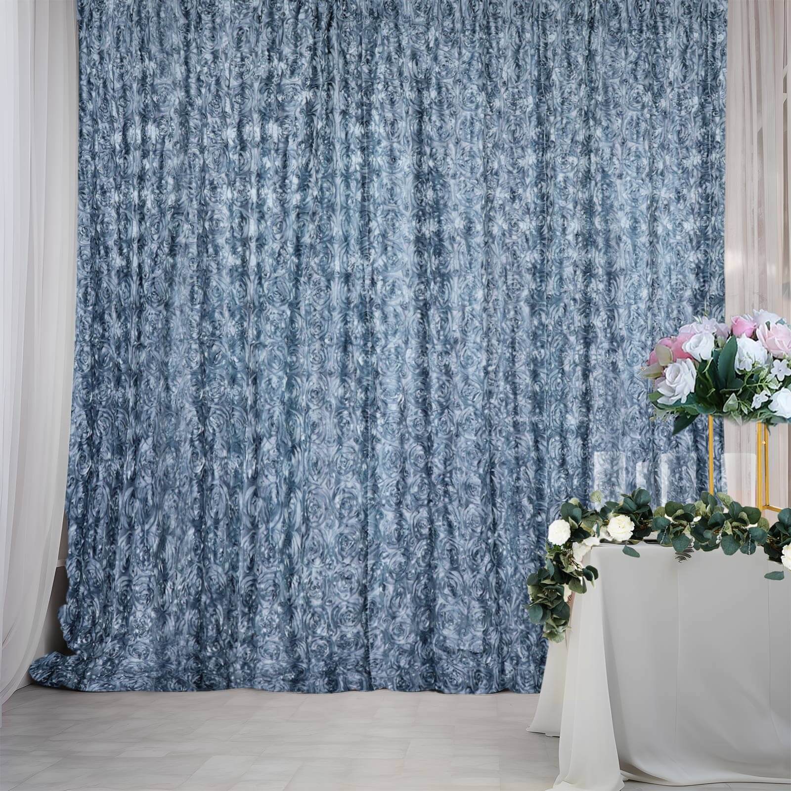 Dusty Blue Satin Rosette Backdrop Drape Curtain, Photo Booth Event Divider Panel - 8ftx8ft