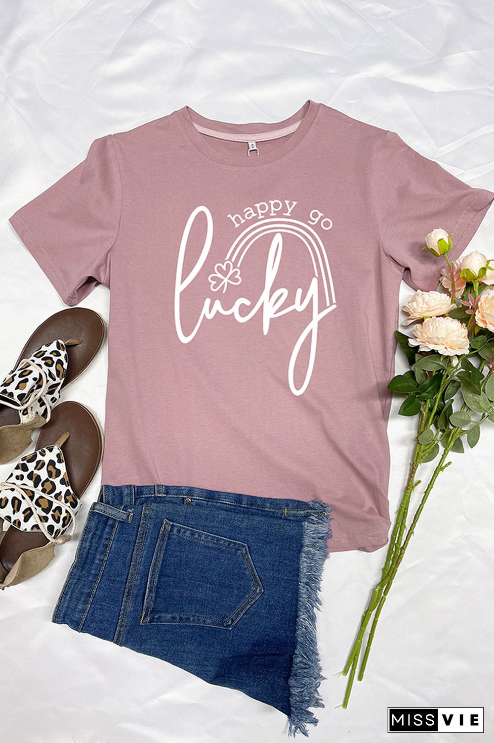 Happy Go Lucky Print Short Sleeve Graphic Tee Wholesale