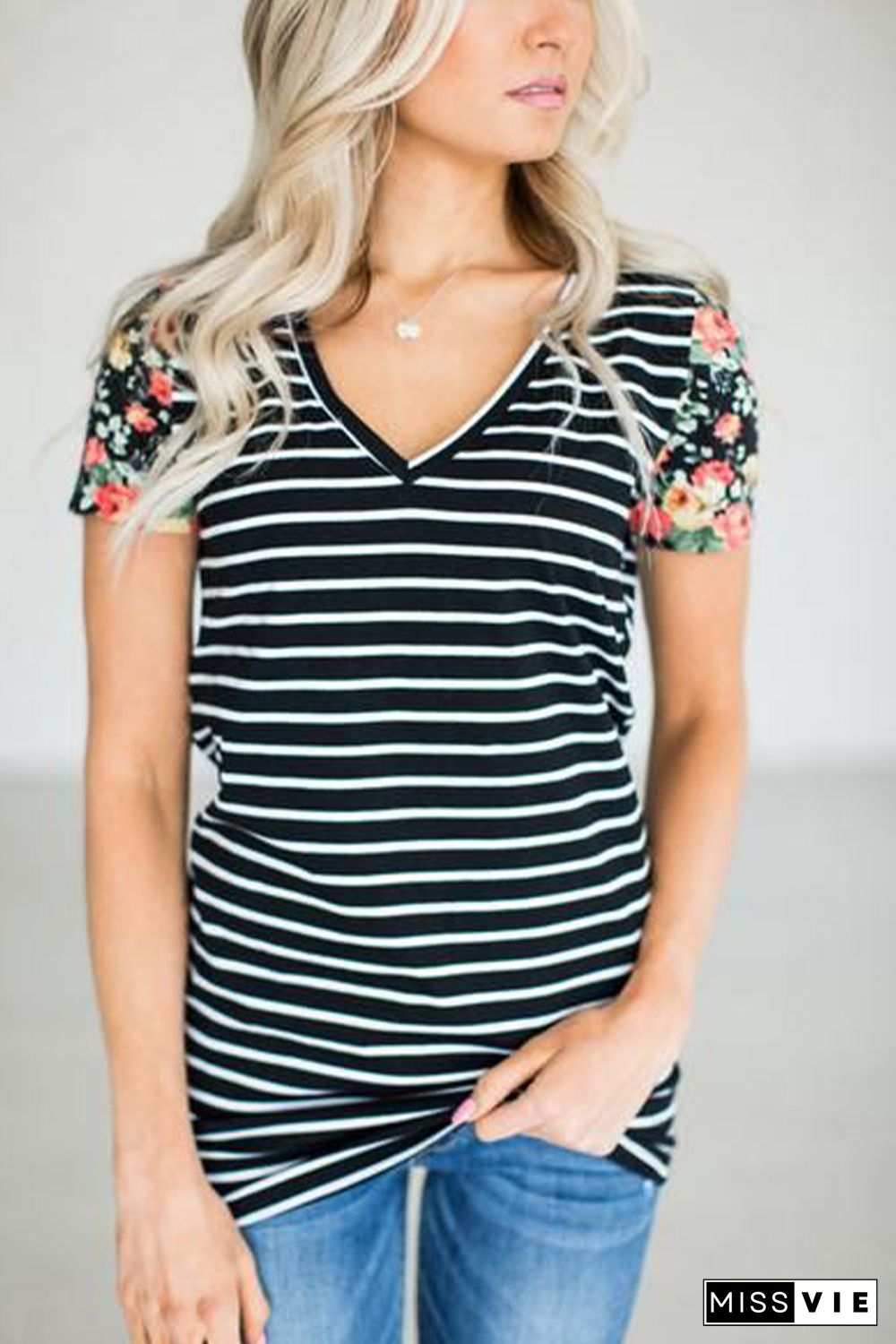 Floral Sleeves Striped T-shirt