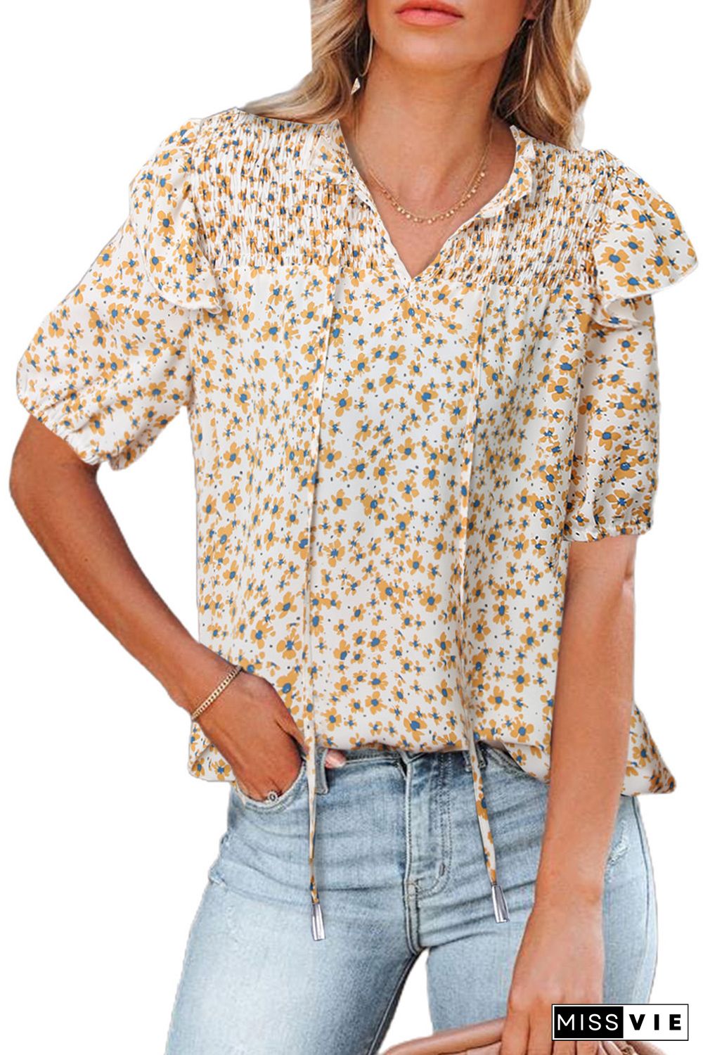 Yellow Floral Print Smocked Ruffled V Neck T-shirt