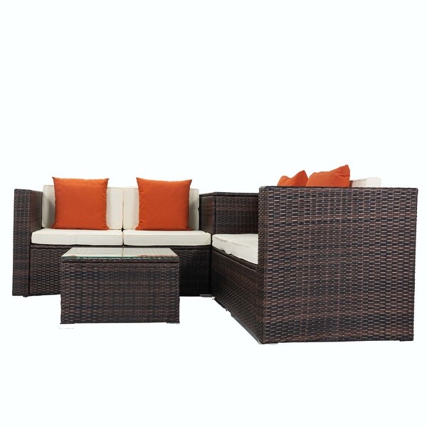 4 Piece Patio Sectional Wicker Rattan Outdoor Furniture Sofa Set with Storage Box -  - 37355246