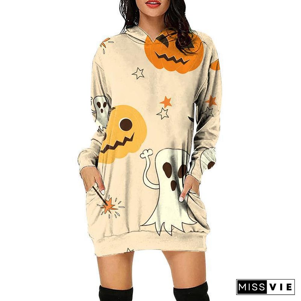 Casual Long Sleeve Graphic Print Hoodie Sweatshirt Mini Dress