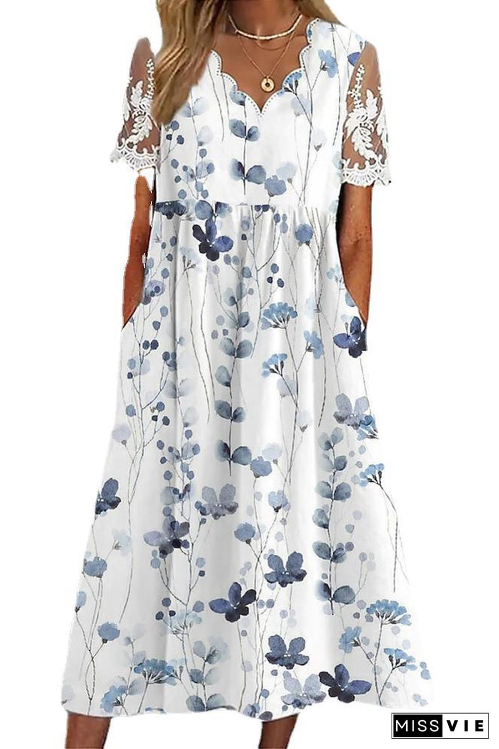 White Floral SHeer Sleeves Long Dress