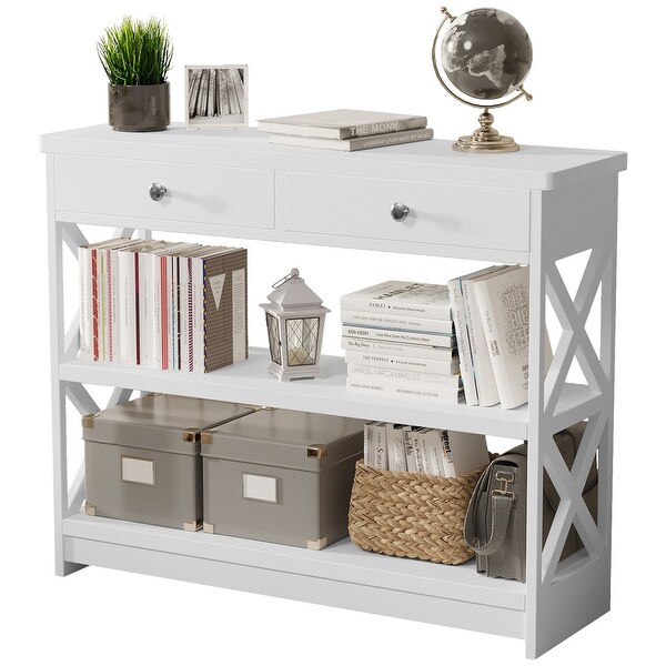 White 3-Tier Console Table with 2 Drawers and 2 Shelves