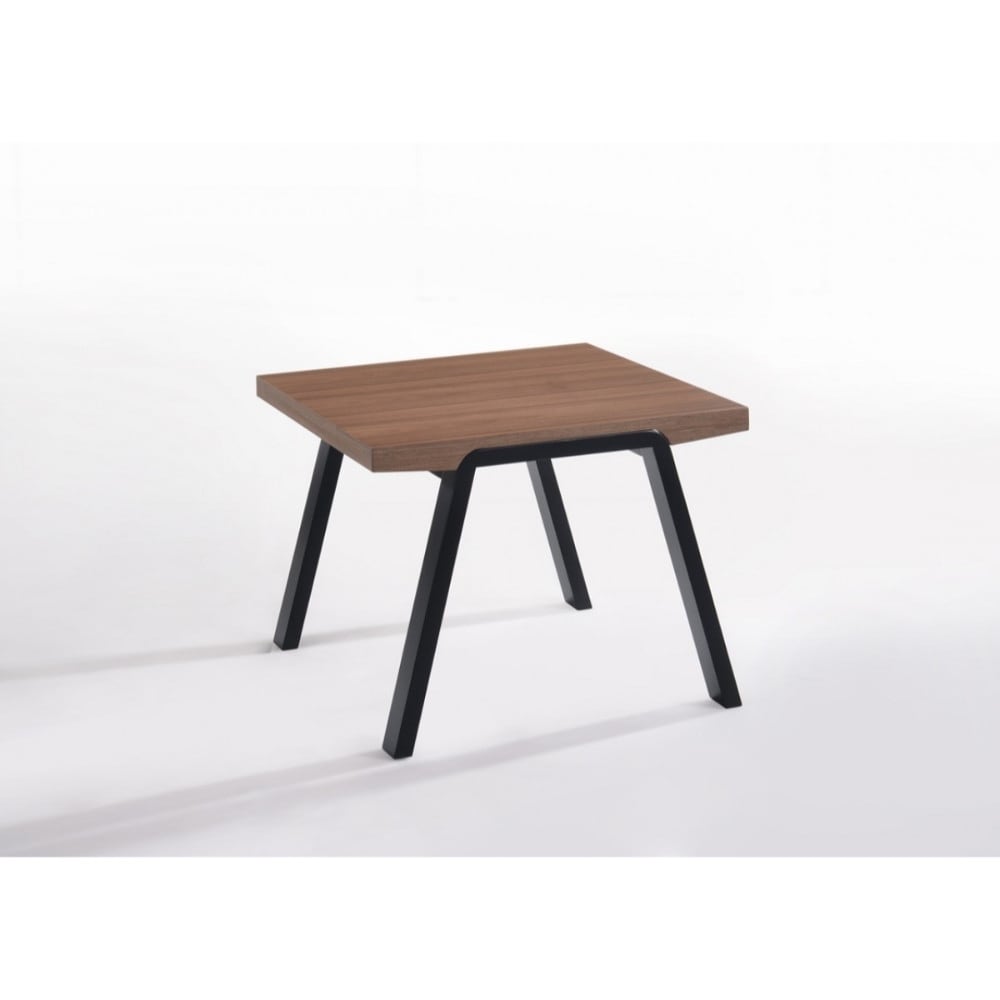 Wooden Table Top End Table with Angled Metal Legs， Walnut Brown and Black