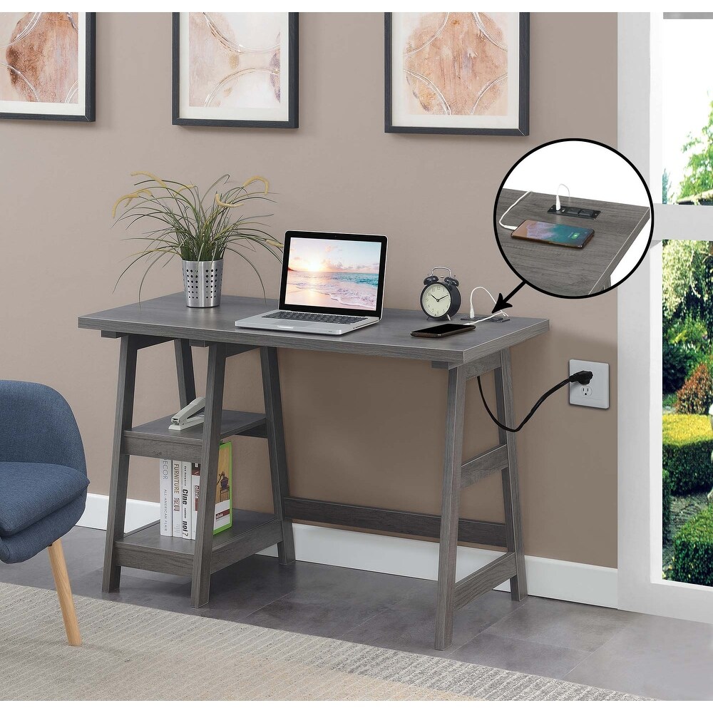 Convenience Concepts Designs2Go Trestle Desk with Charging Station and Shelves