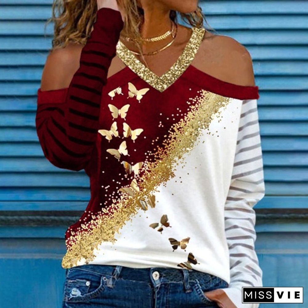 Women's Fashion T-shirt Autumn Print Long Sleeve Off-the-shoulder Tops