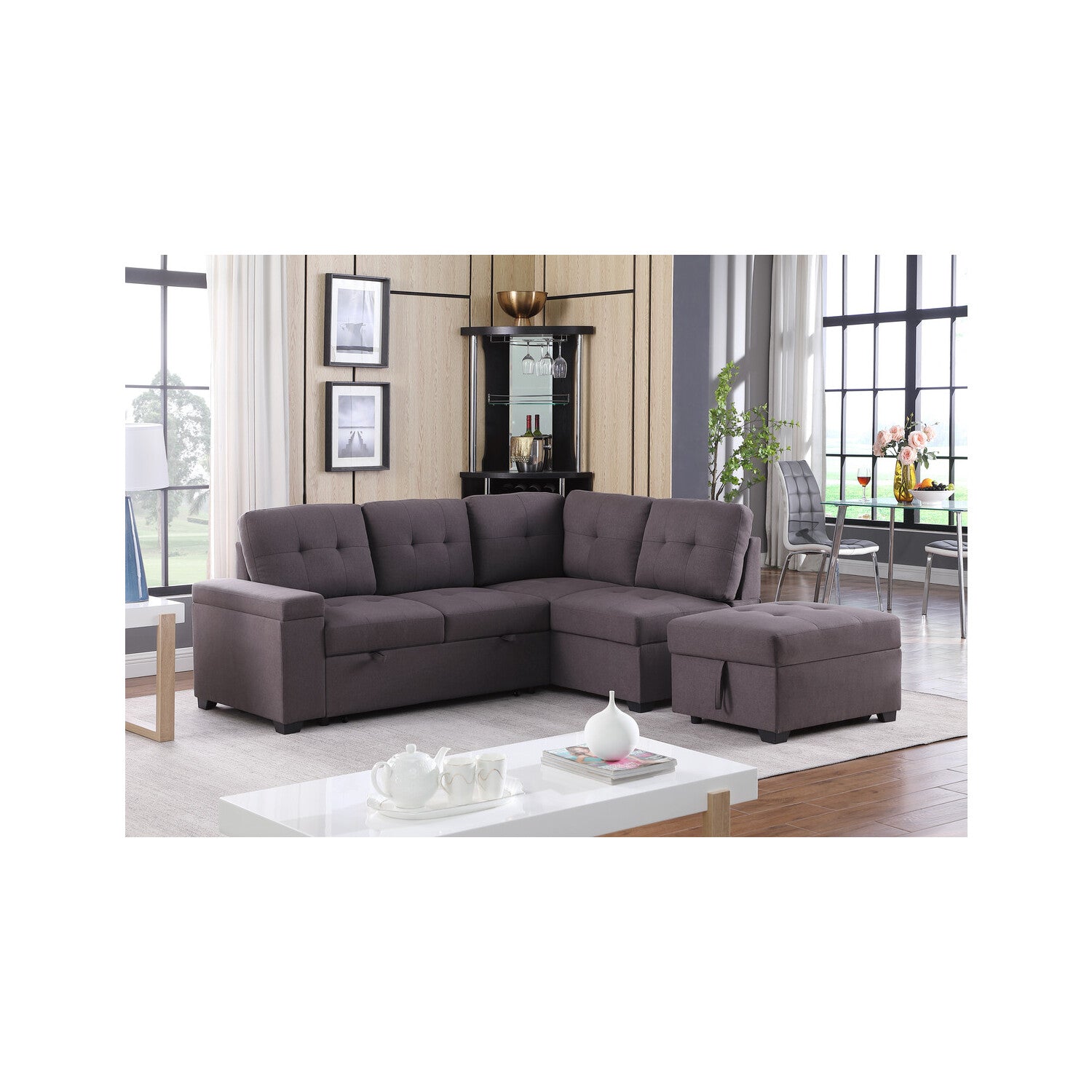 Katie Brown Linen Sleeper Sectional Sofa with Storage Ottoman, Storage Arm