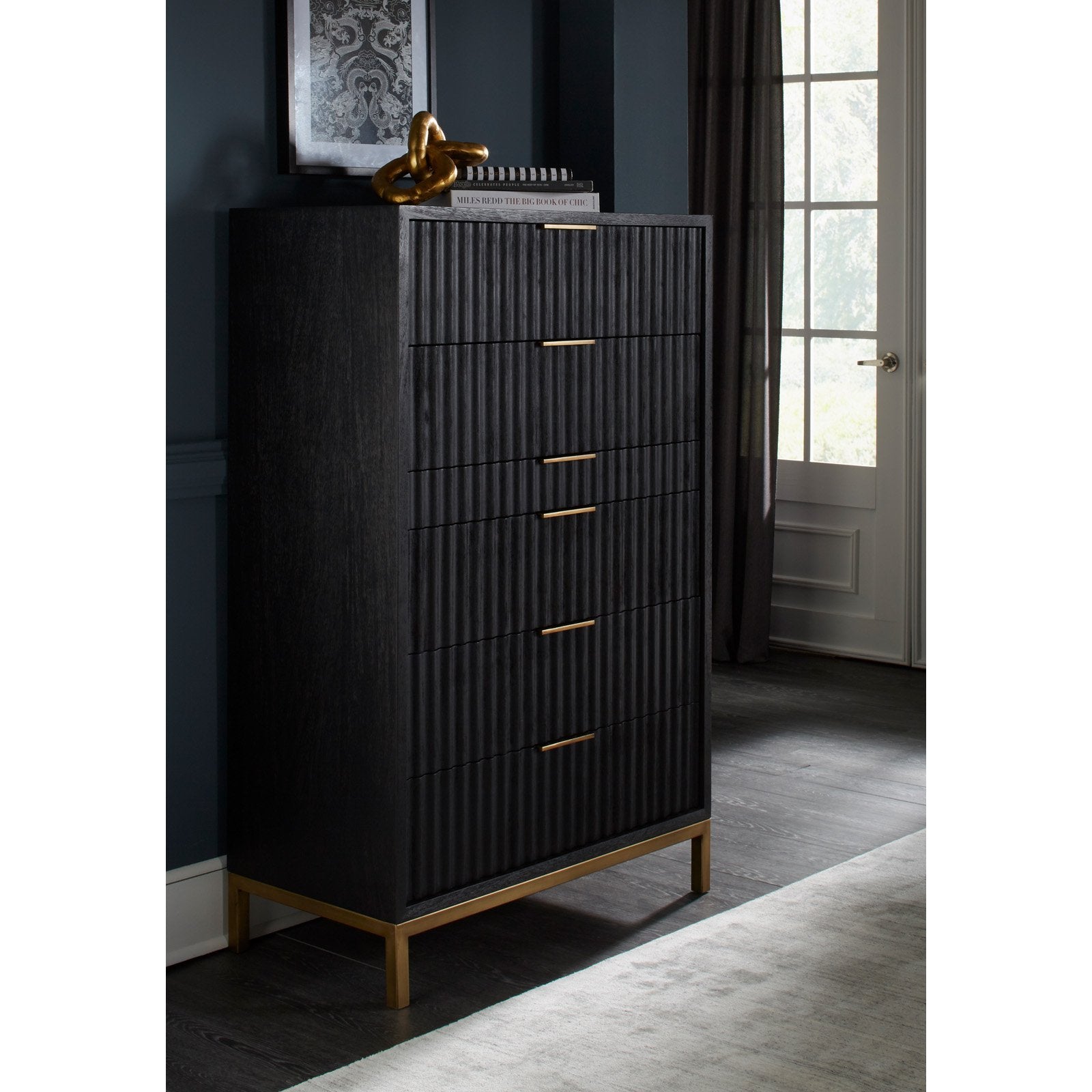 Modus Furniture Kentfield Solid Wood Six Drawer Chest, Black Drifted Oak