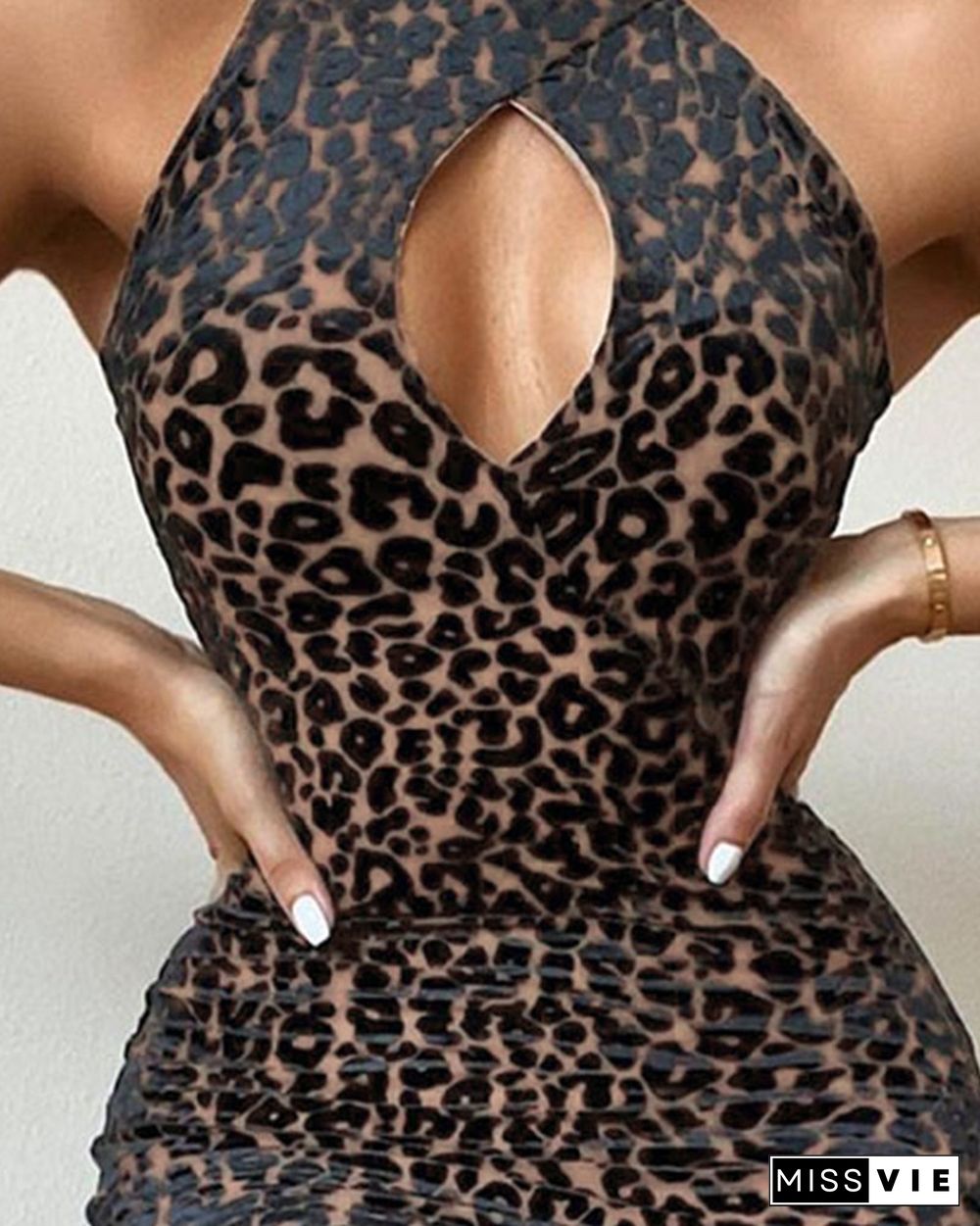 Leopard Print Cutout Split Thigh Bodycon Dress