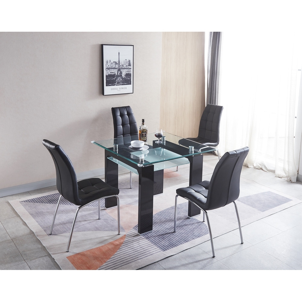 5 Piece Double Layer Dining Table Set  Square Tempered Glass Dining Table Kitchen Furniture with Leatherette Dining Chairs